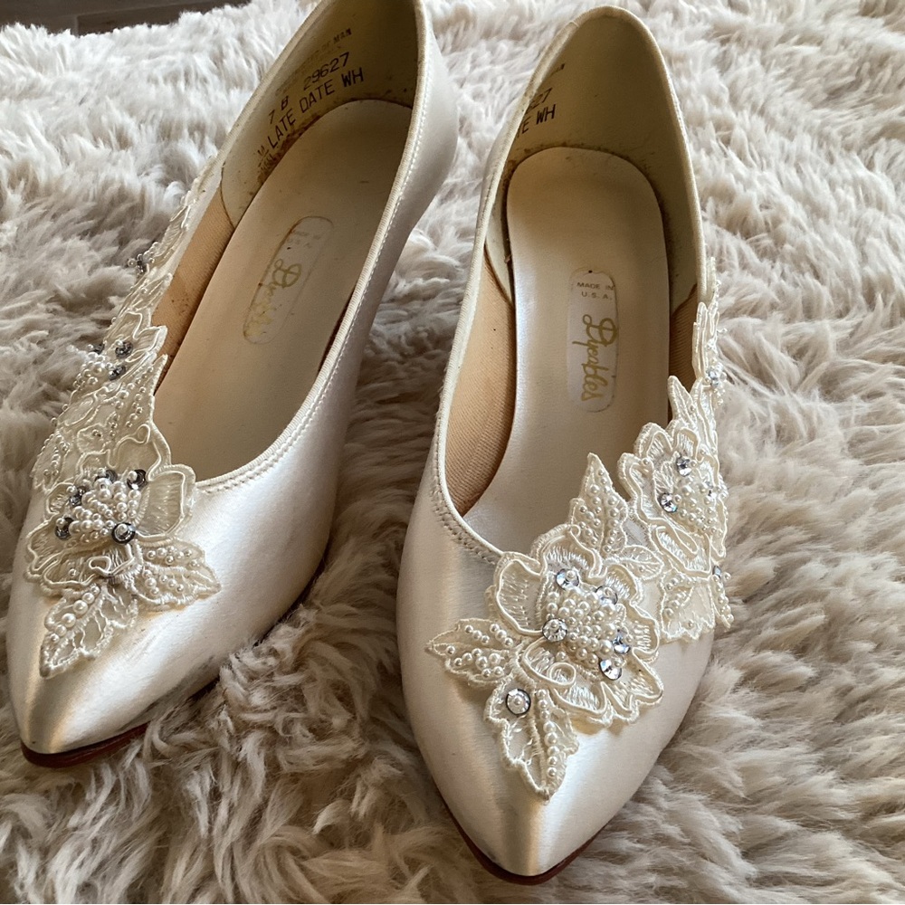 Cream Satin Heels with Lace Appliqué